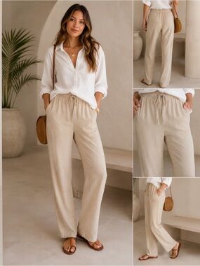 Tommy Bahama 100% Silk Drawstring Pants XL 16 Khaki Beige Resort Lounge Relaxed